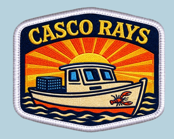 Casco Rays logo with a boat and sunset design on a light blue background