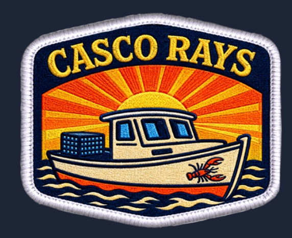 Casco Rays logo with a boat and sunset design on a navy background