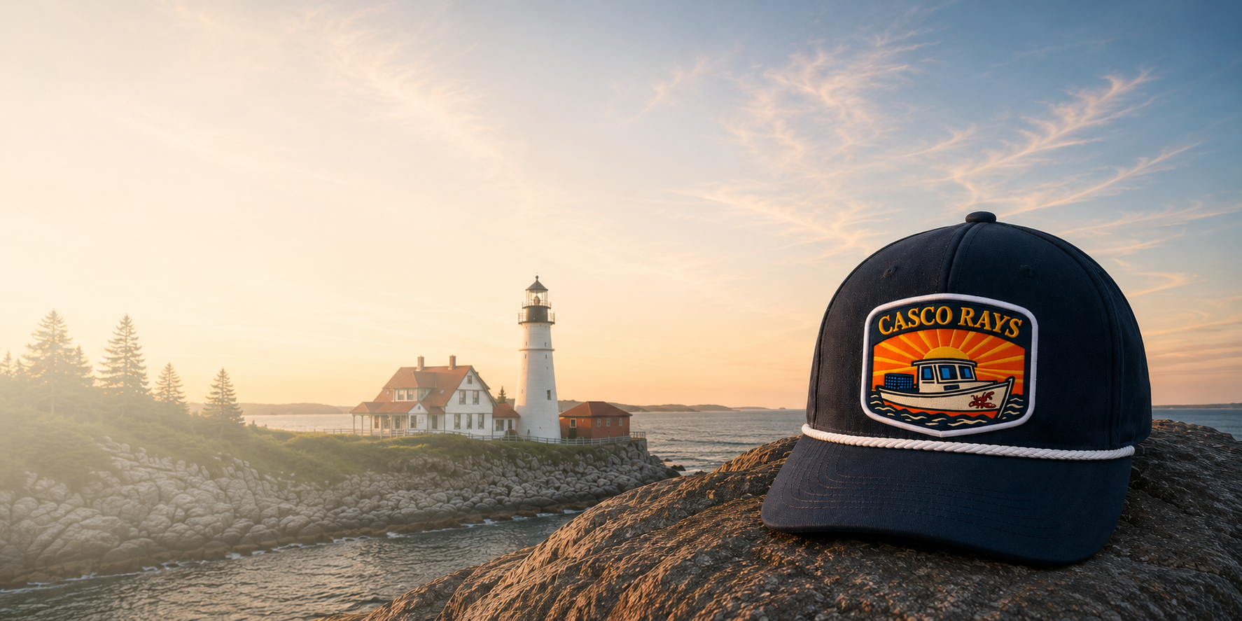 Navy blue hat with a Casco Rays logo on a rock in front of a lighthouse at sunset.