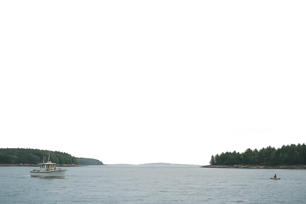 Boat on a calm Maine coast with trees in the background