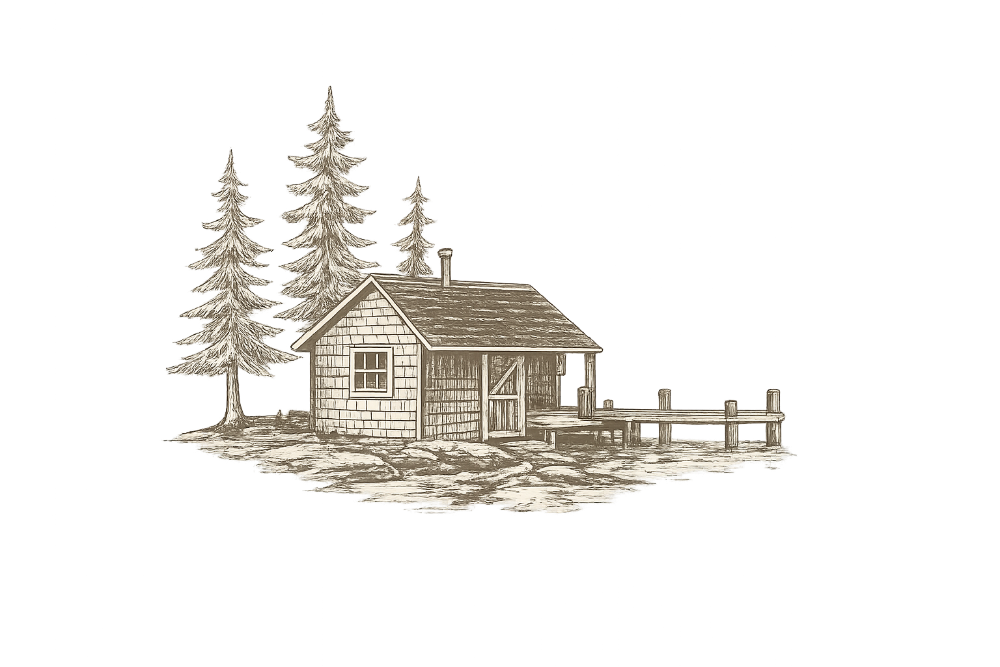Illustration of a Maine cabin with trees on a white background